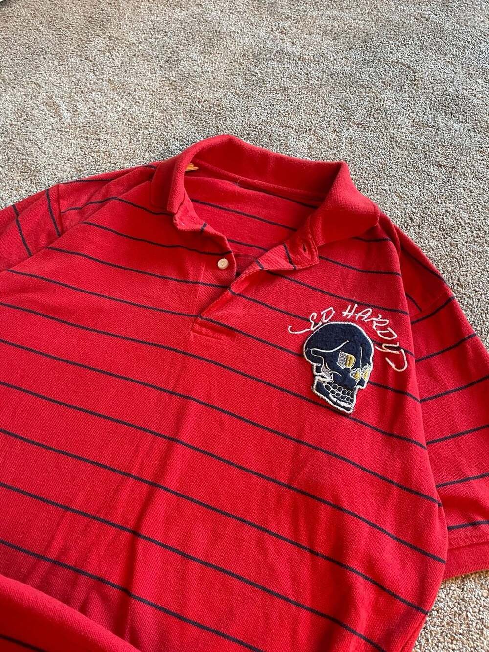 Ed Hardy Vintage Red and Black Striped Skull Polo Shirt